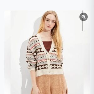 American Eagle Outfitters Cream and Brown Geometric Cardigan Suze XS